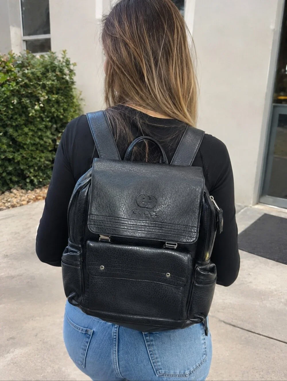 Black Faux Leather Laptop Backpack Travel Business School Unisex